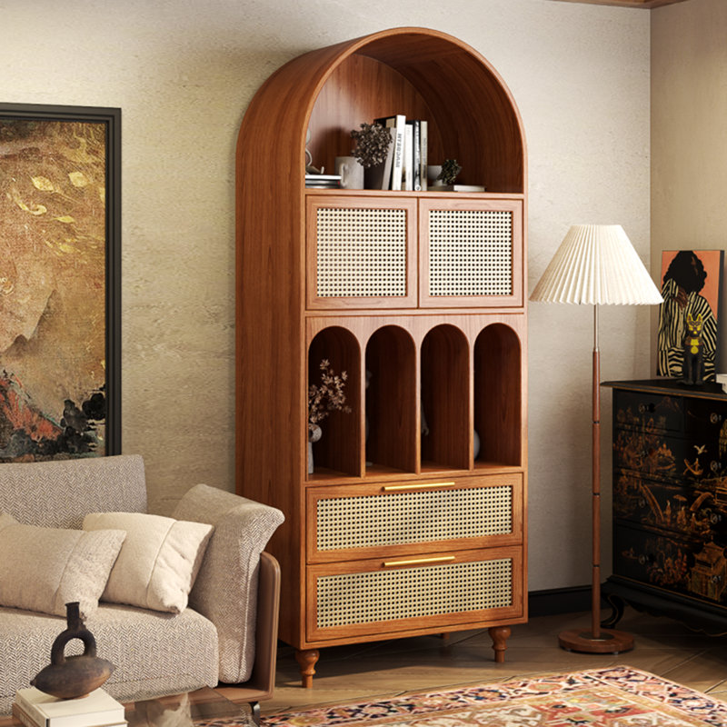 Cherry Wood Color + Beige Solid Wood + Rattan Display Cases, 78.74" H x 31.5" W x 15.75" D