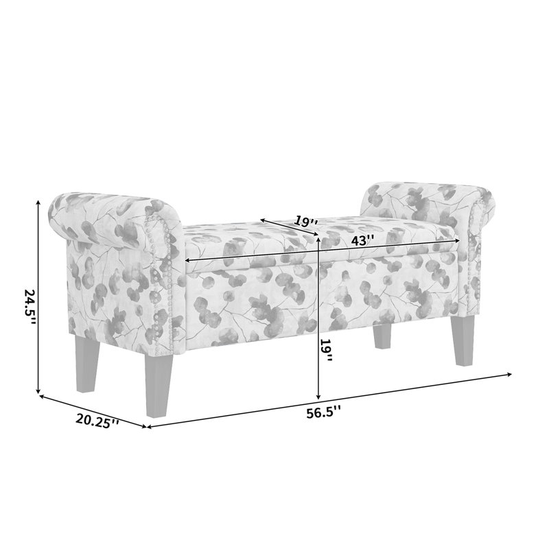 Rangement - Banc rabattable, revêtement floral 23,87 po Hauteur, motif, structure en bois franc, espace intérieur