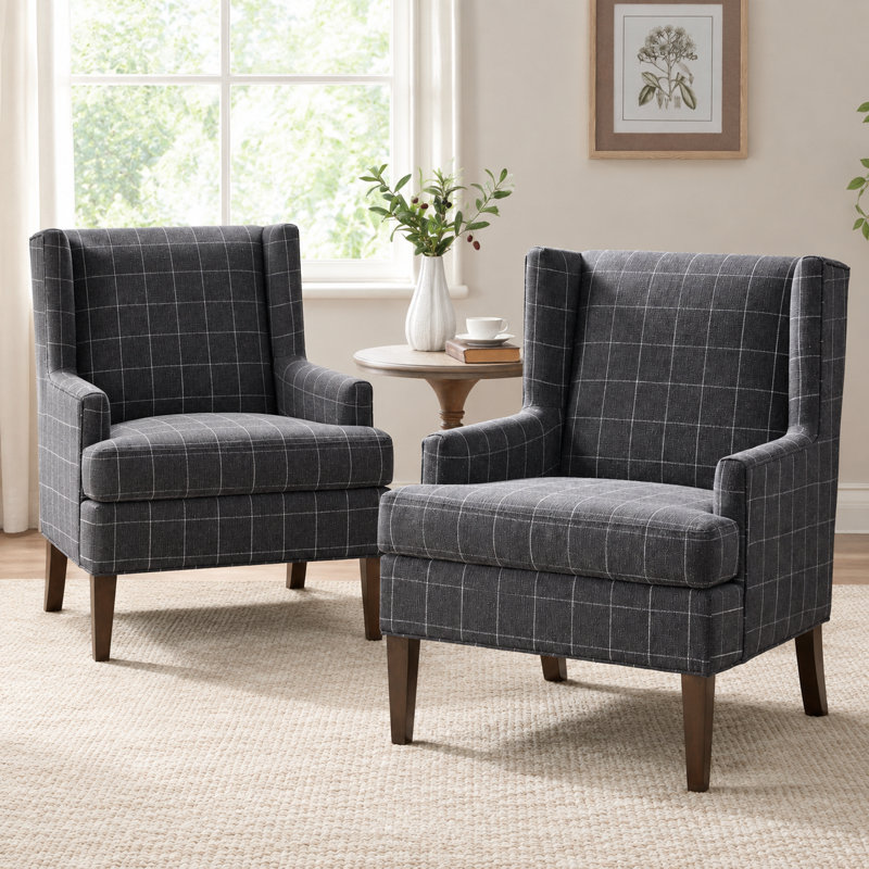 Fauteuil d'appoint à oreilles Decker de 74 cm de large, en tissu à carreaux traditionnel, couleur anthracite, Charcoal