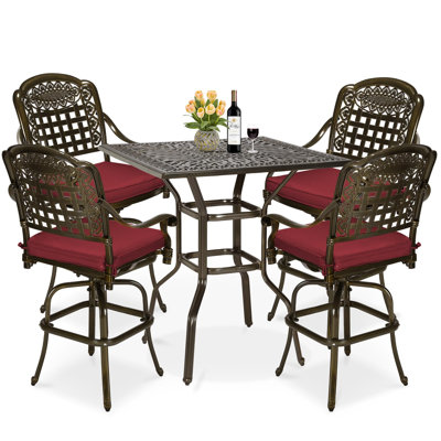 Meetwarm 5-Piece Patio Swivel Bar Set, All-Weather Cast Aluminum Outdoor High Bar Stool Bistro Set For Backyard Garden W/ 4 Cushions Bar Chairs With Footrest And 35.4" Bar Table, 2.2" Umbrella Hole