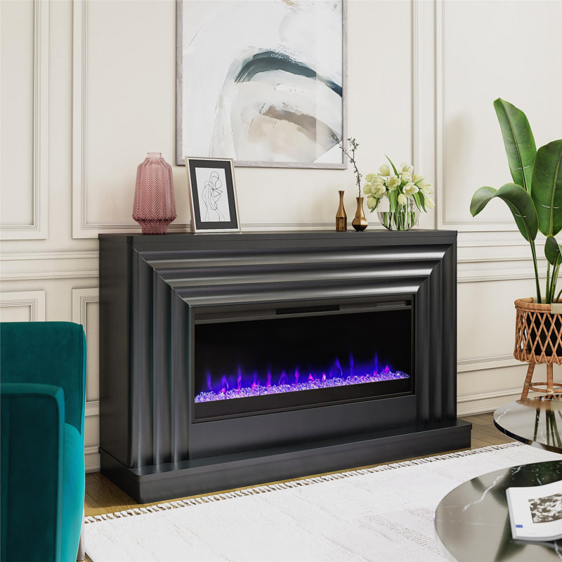 Rene Electric Fireplace Mantel 65" TV Stand with Multi-Color Flame and Crystal Ember Bed, Black
