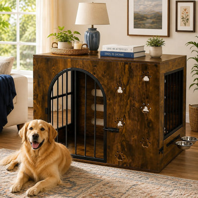 Niche d'intérieur robuste en bois et en métal pour chiens de petite et moyenne taille, avec deux bols inclus, faisant également office de meuble télé, marron.