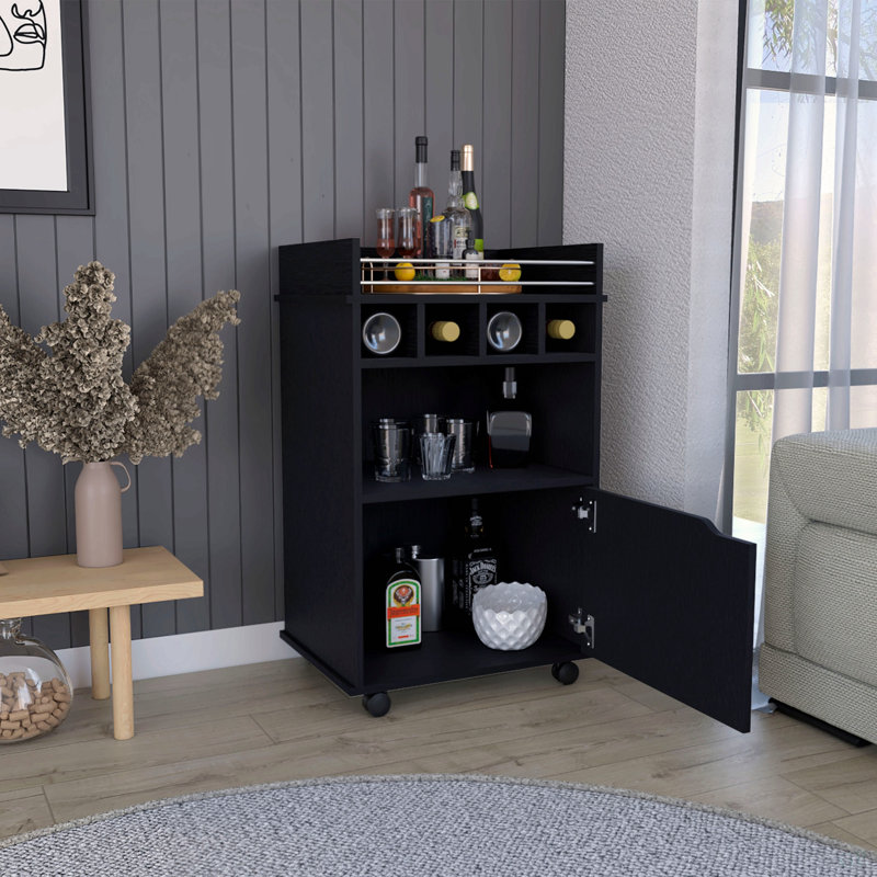 Chariot-bar Phoenix avec 2 tablettes ouvertes, 4 casiers et une armoire, Noir