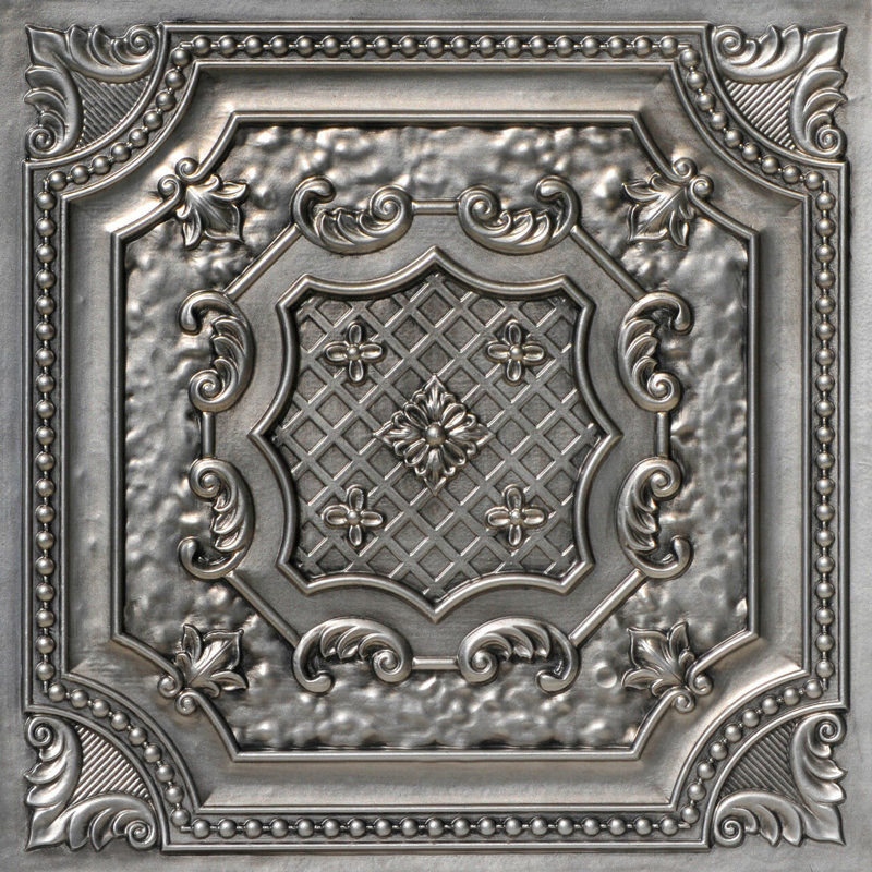 Elizabethan Shield 2 Ft. X 2 Ft. Drop-In Or Glue-Up PVC Ceiling Tile, Aged Silver
