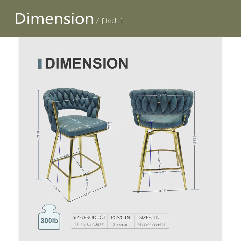Stool Set Of 2,Legs Barstools No Adjustable Kitchen Island Chairs,360 Swivel Bar Stools, Gold, Green
