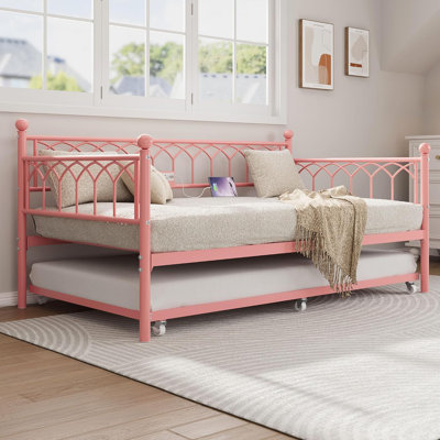 Twin Daybed with Trundle, Metal Trundle Bed with Charging Station & LED Lights, Sofa Bed Frame with 6 Locking Caster Wheels
