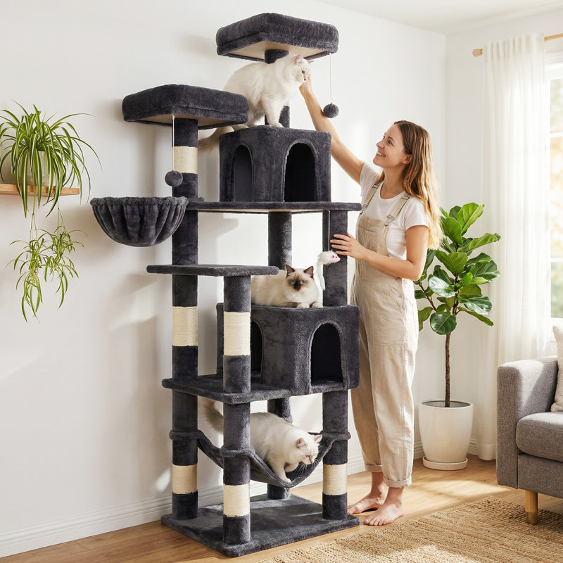 LIKISAK 180CM H Cat Tree, Large Cat Approprite, With Sisal Rope, Over 6 Levels, Dark Grey