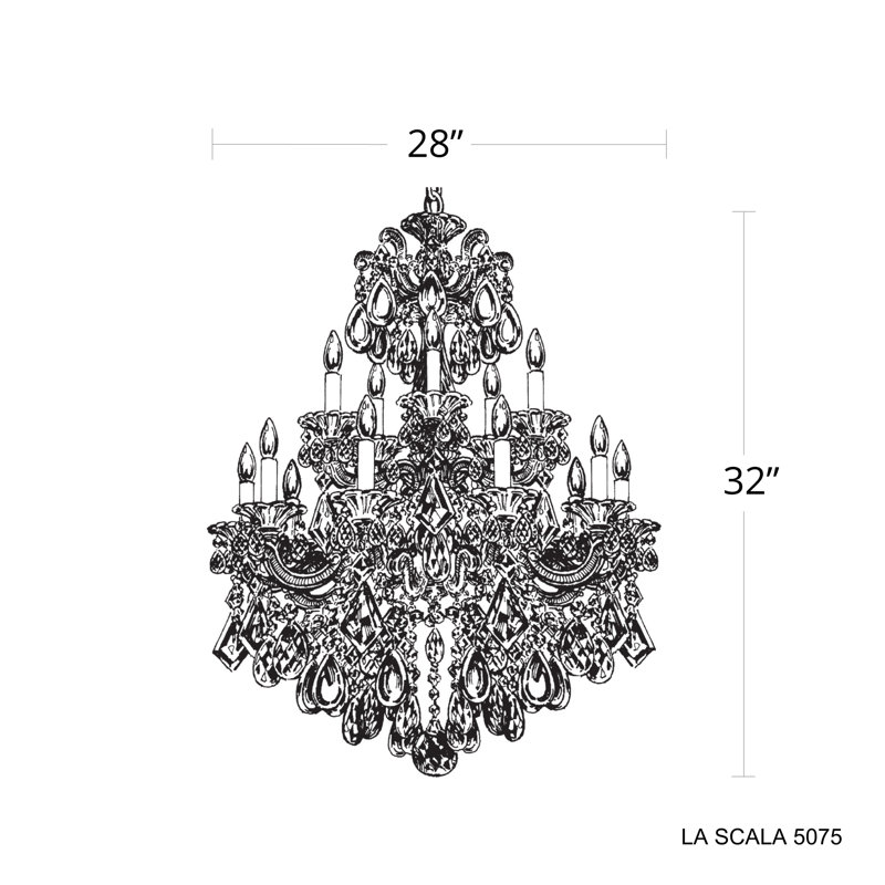 La Scala 15 Light 28in x 32in Chandelier in Florentine Bronze with Clear Radiance Crystals, Antique Silver, Czech