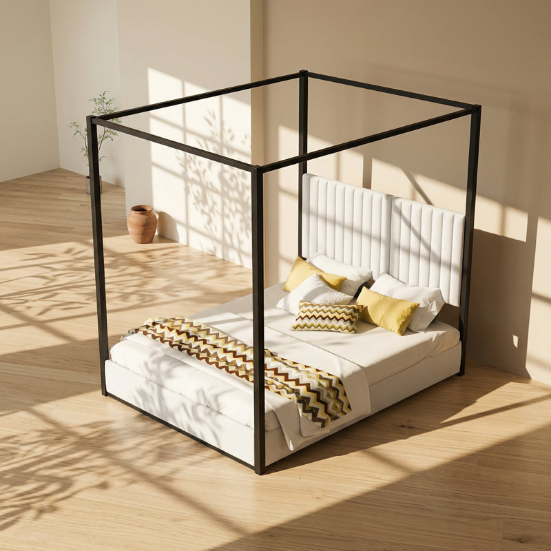 Lit plateforme à baldaquin en velours Alwyn Home l 63,4 po x P 83 po x H 77,7 po