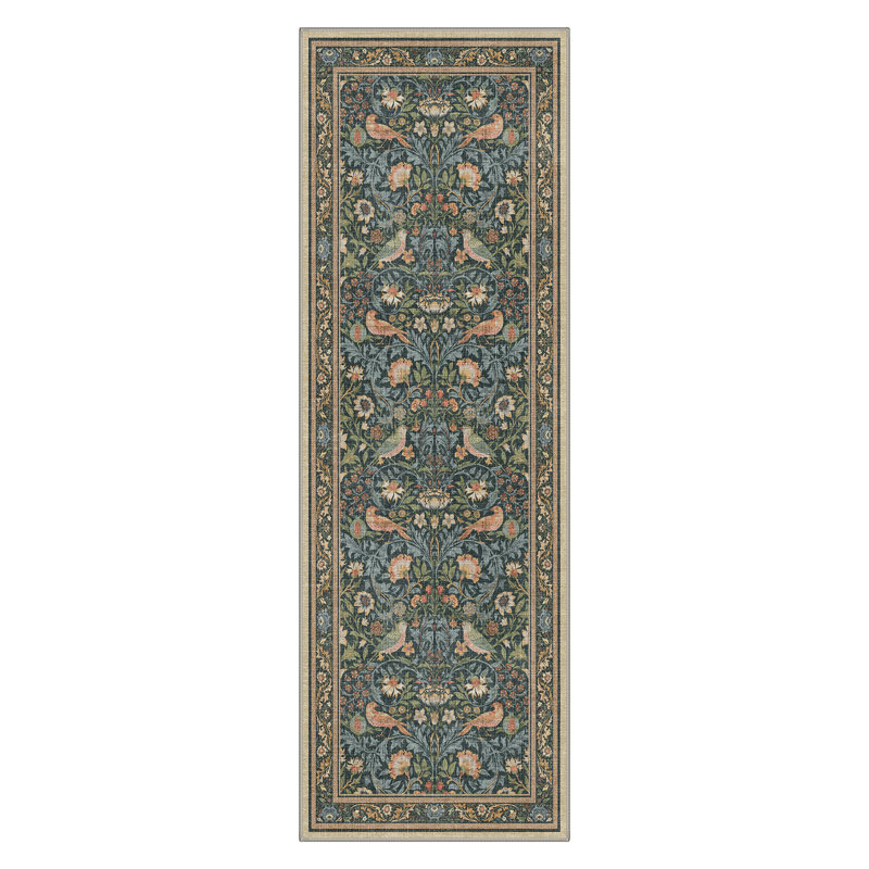 Allendale Birds Machine Washable Green / Blue Area Rug with Non-Slip Backing, Runner 2' x 6'