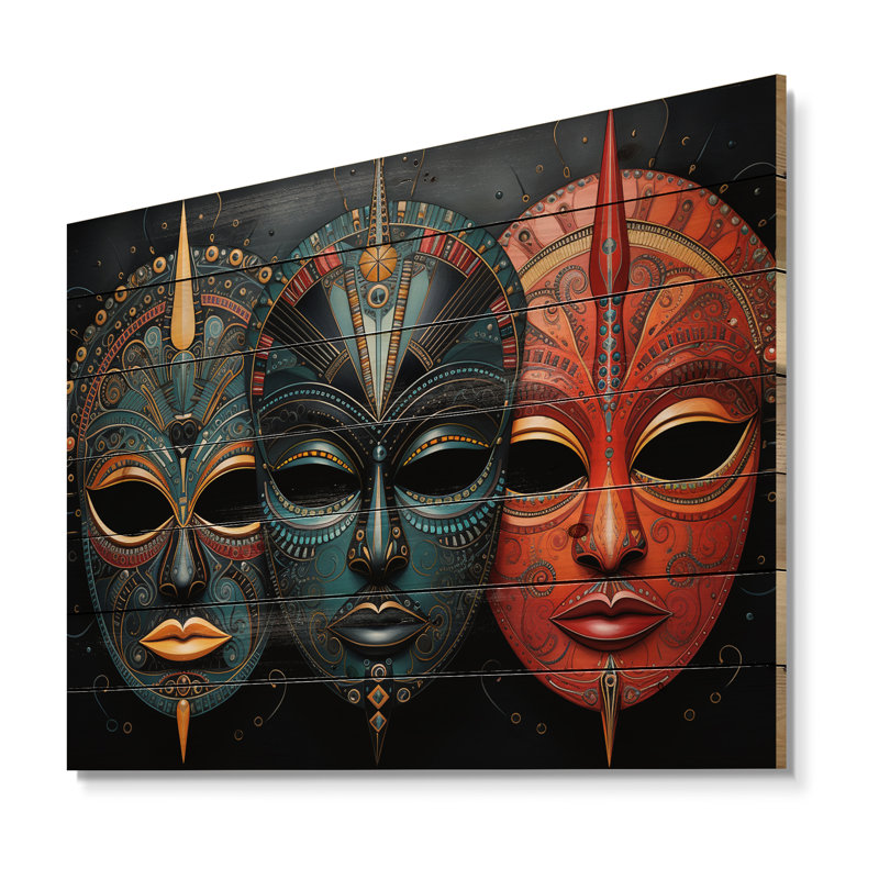 Impression de masques rouges rouges sur bois naturel III, H 24 po x l 32 po x P 0,78 po