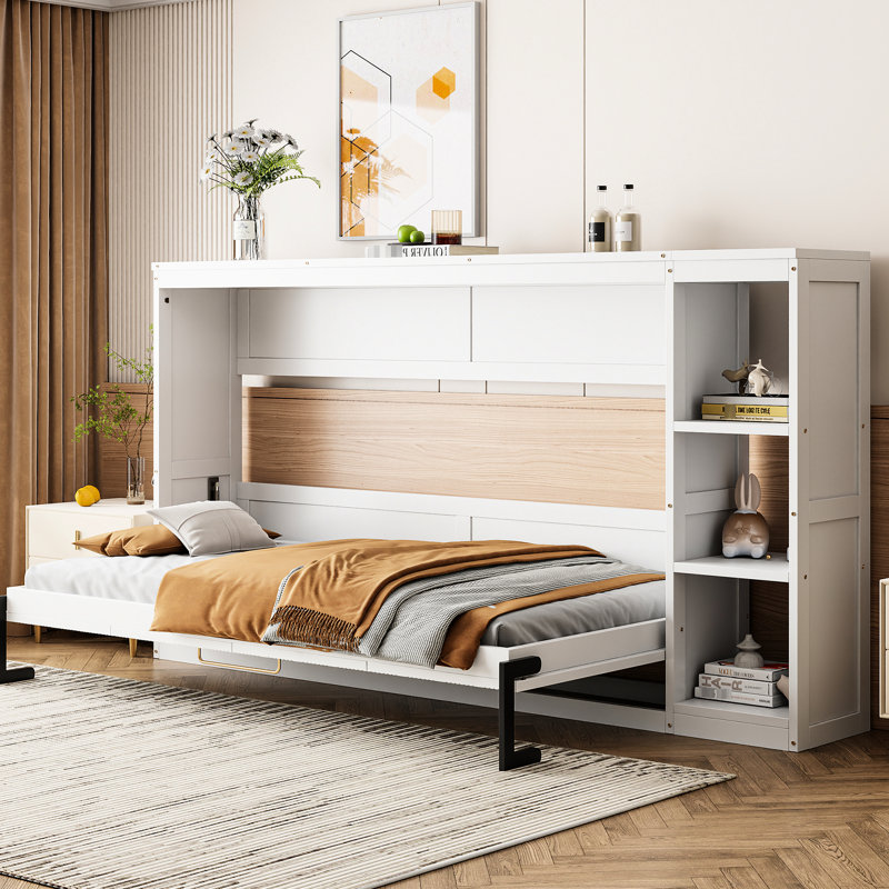 Lit simple blanc avec armoire à étagères avec bibliothèque - option de rangement stable et stable, Twin