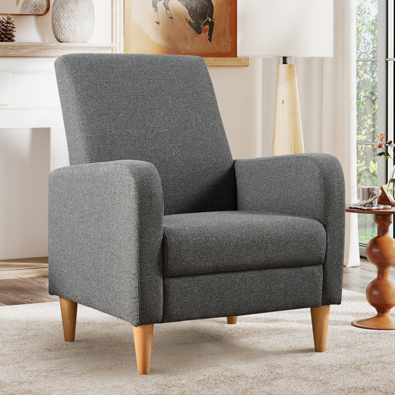 Compact Grey Upholstered Armchair, Soft Fabric Accent Chair with Wooden Legs, Cosy Reading Chair for Small Spaces, Dark Grey