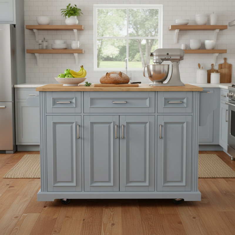 Gray Blue Kitchen Island With Textured Rubber Wood Folding Countertop, 4-Wheel Rolling Cart, 4 Doors, 3 Drawers, Storage Function, For Kitchen And Dining Room