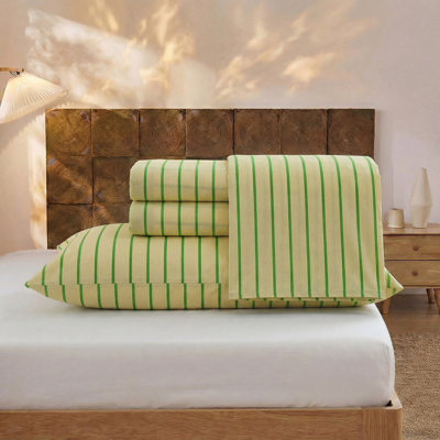 Ensemble de draps 100% coton, literie à rayures kaki et vertes, tissage percale doux et respirant, minimaliste moderne, aspect lin luxueux, drap-housse à poche profonde de 17,5 po