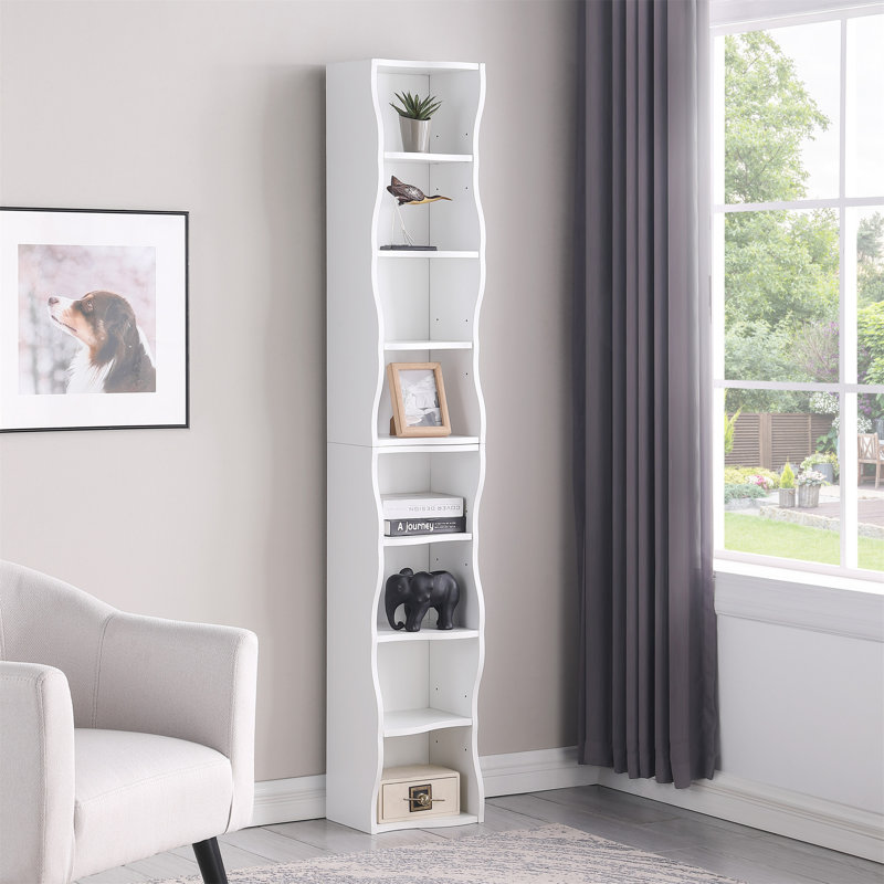 Bibliothèque ultra-mince à 8 tablettes réglables avec bordure ondulée, Blanc