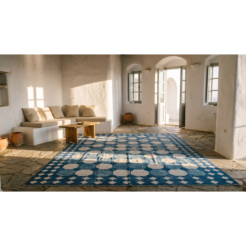 Grand tapis tissé à plat à motif géométrique blanc et bleu Mid Dhurrie