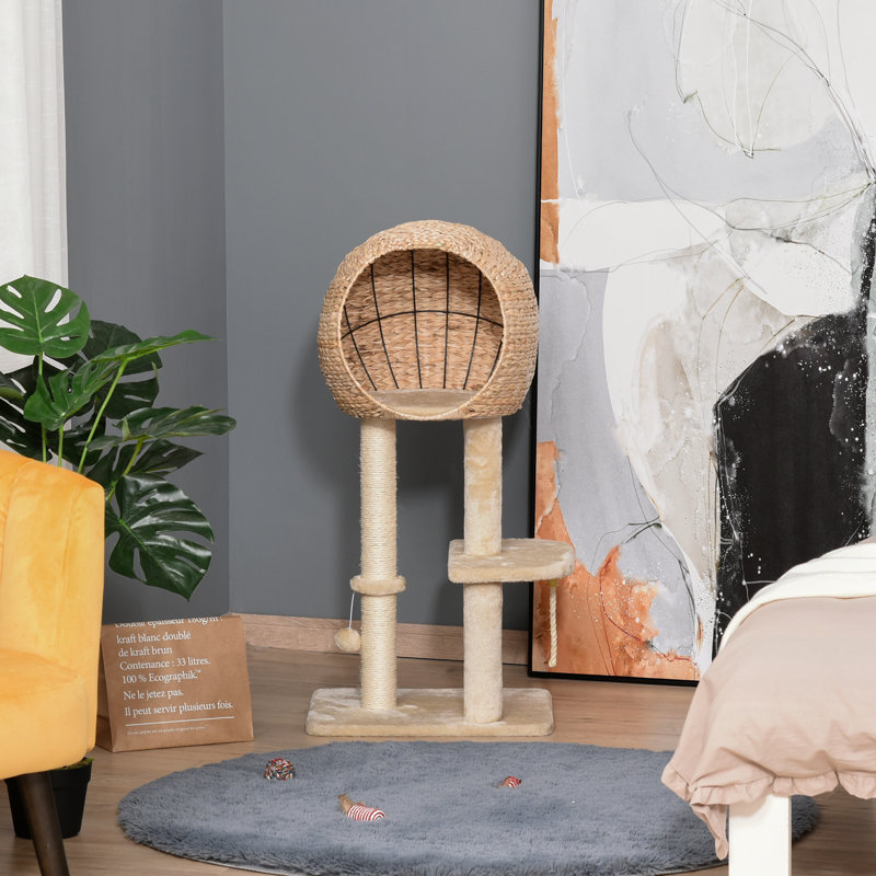 Arbre à chat avec poteau à griffer en sisal et corde suspendue H 39 po, beige