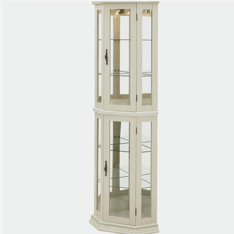 Lighted Corner Curio Cabinet - Glass Display Shelf With Tempered Glass Doors, Adjustable Shelving, And Included Bead Bulb - Ideal Bar Cabinet For Home Decor- White