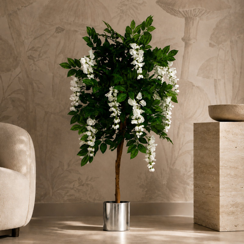 130cm Faux Wisteria Tree in Metal Pot, Silver