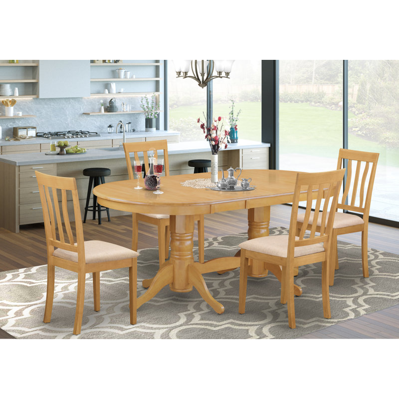 5 Piece Dining Table Set for 4 Includes an Oval Kitchen Table with Butterfly Leaf and 4 Linen Fabric Kitchen Dining Chairs, Oak
