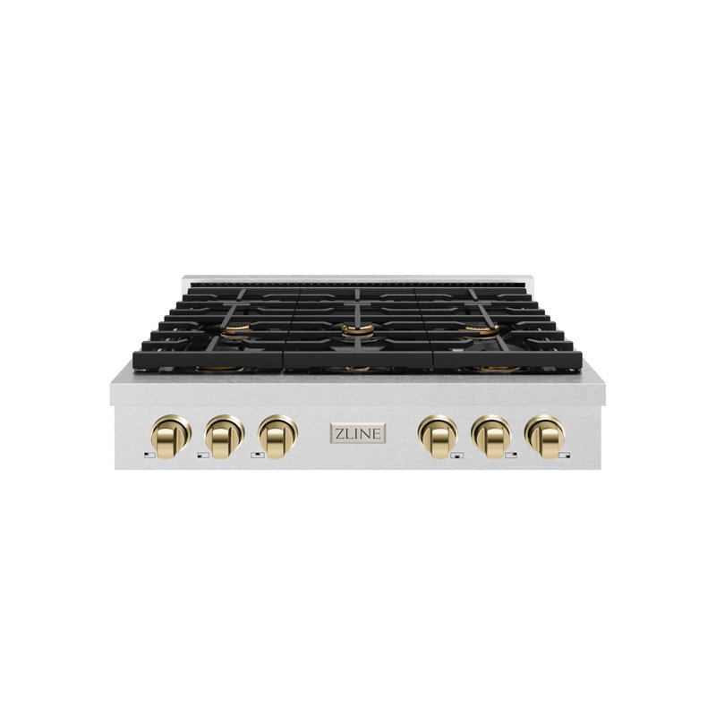 ZLINE 36 in. Autograph Paramount Gas Rangetop in DuraSnow® Steel w/ Bronze Accents, Satin Stainless Steel/Polished Gold