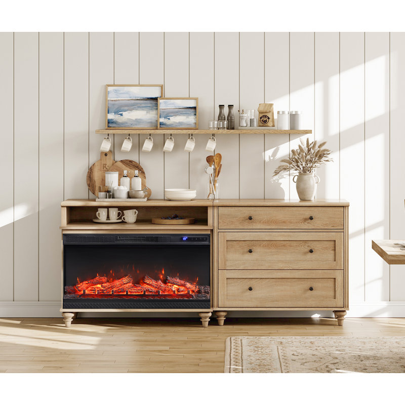 Sideboard Cabinet With 3 Drawers, Vintage Wood Grain Design, Buffet Cabinet With 36" Electric Fireplace, Coffee Bar For Dinning Room, Kitchen, And Living Room, Oak, 71 Inch