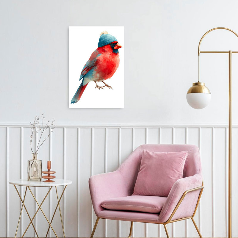 Winter Cardinal With Hat Whimsical Abstract Contemporary Bird Winter Landscape Wall Art Print 1 Piece Wrapped Canvas Wall Art