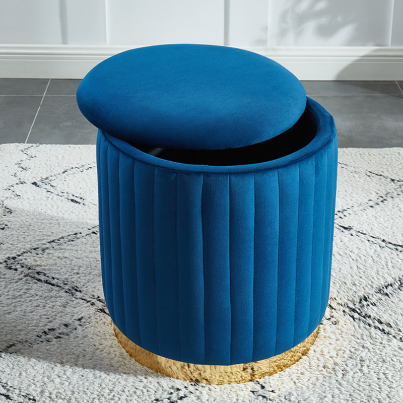 Repose-pieds Charlotte en velours rond avec base dorée (noir), Bleu velours, Doré