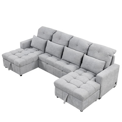 Functional U-Shaped Bed With Chaise Storage, Chargers, And Fine Chenille Upholstery, Gray Versatile Storage Boxes, Lovely Chenille,