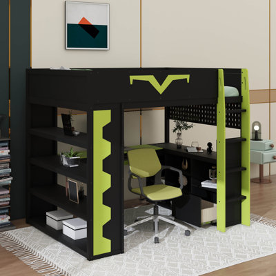 Gaming Loft Bed With Desk & RGB LED Lights, Loft Bed With Power Outlet, Large Bookshelf, Pegboard, Keyboard Tray & Drawer