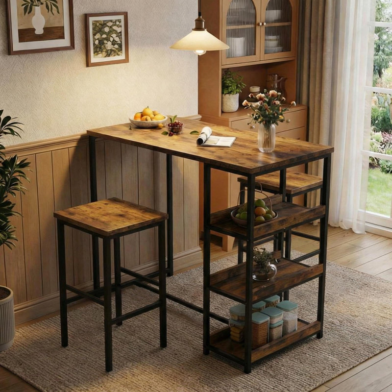 Ensemble de table de cuisine 3 pièces avec tablettes de rangement et 2 tabourets de bar, Brun