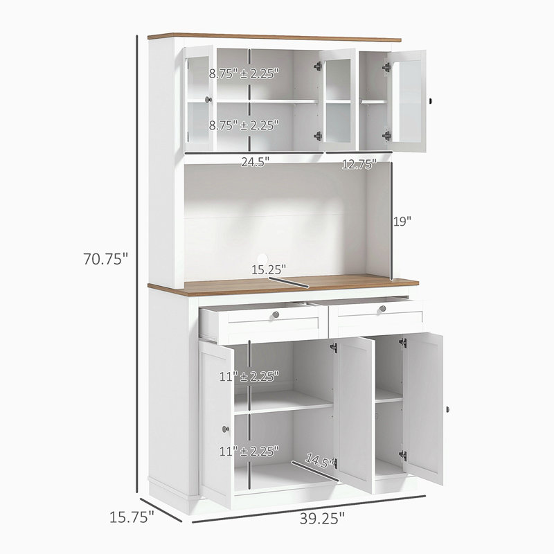 Armoire de rangement pour garde-manger de 71 po de hauteur avec support pour micro-ondes, buffet autoportant avec huche, 2 tiroirs, 5 portes, tablettes réglables et portes en verre pour la cuisine, la salle à manger