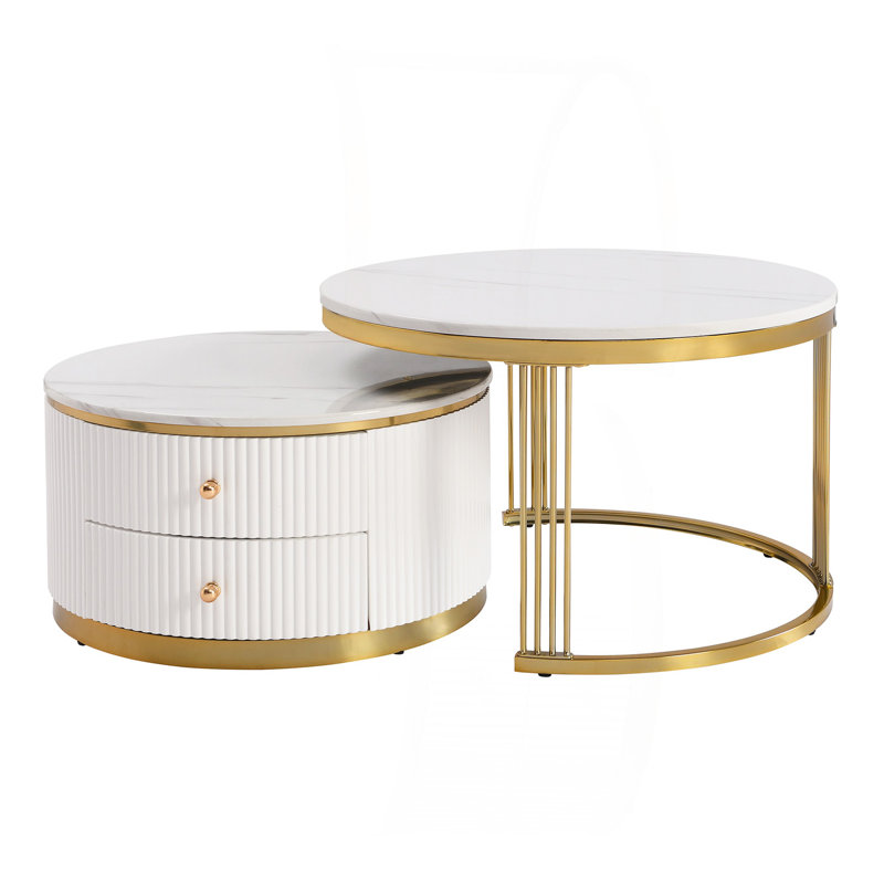 Table basse gigogne moderne 2 pièces avec 2 tiroirs et pieds dorés