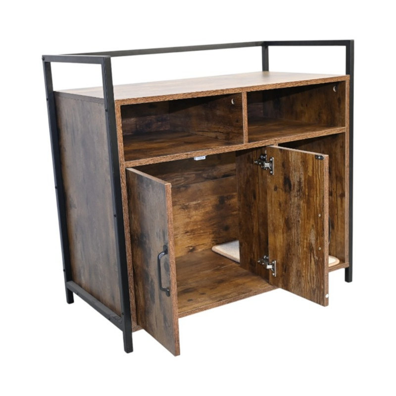 Enclos pour bac à litière avec étagères de rangement ouvertes et tapis à griffer intégré, structure en métal, brun rustique