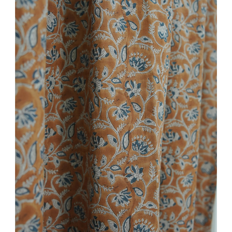 Natural Handcrafted Pleated Curtain – Saraswati Brown,Blue Lien Block Print, Light Filtering Window Drapes, 27" W X 132" L