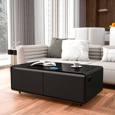 Table basse moderne et intelligente avec réfrigérateur intégré, haut-parleurs Bluetooth, chargement sans fil, prise de courant, ports USB, lumière RVB