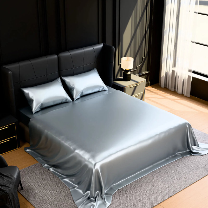 Ensemble de draps en satin pleine grandeur 4 pièces - Pochette profonde de 15 pouces, literie rafraîchissante soyeuse, infroissable et résistante à la décoloration, facile d'entretien - gris royal