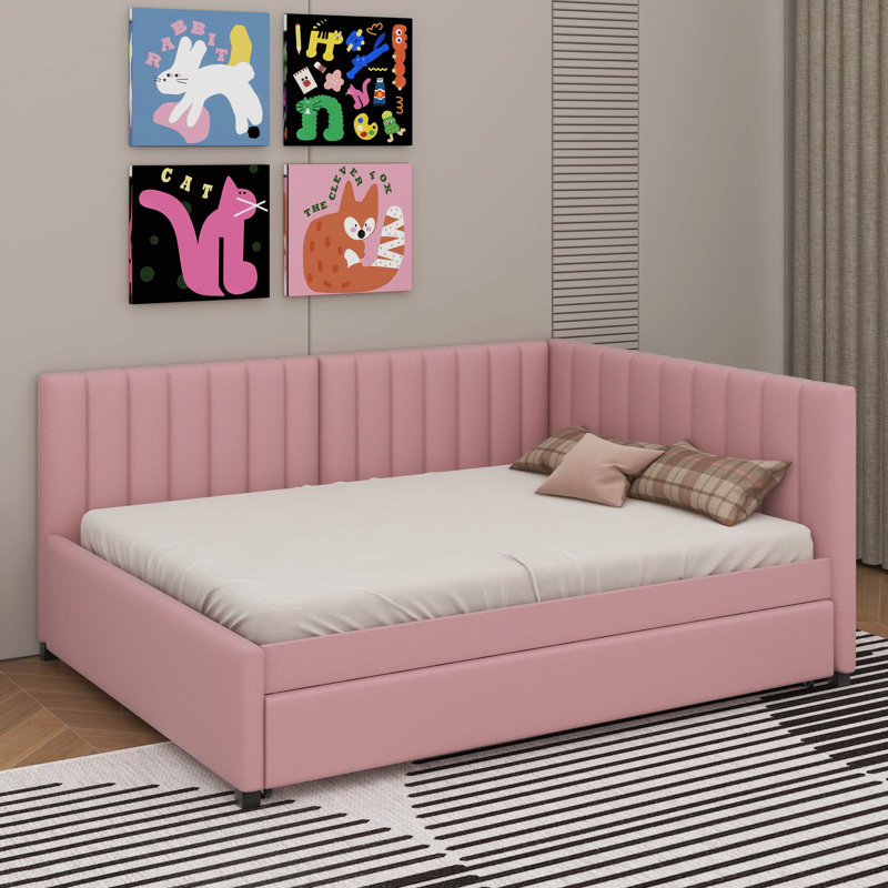 Full Size Upholstered Daybed With Trundle, Pink