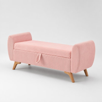 Banc de lit coffre moderne en velours côtelé avec pieds en bois massif, assise relevable multifonctionnelle avec compartiment de rangement dissimulé, soutien à ressorts sinueux, coussin en mousse à haute résilience
