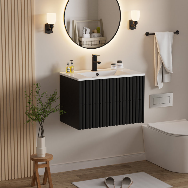 Ensemble de meuble-lavabo mural 30 po avec comptoir d'évier, robinet et bonde, armoire flottante, Noir