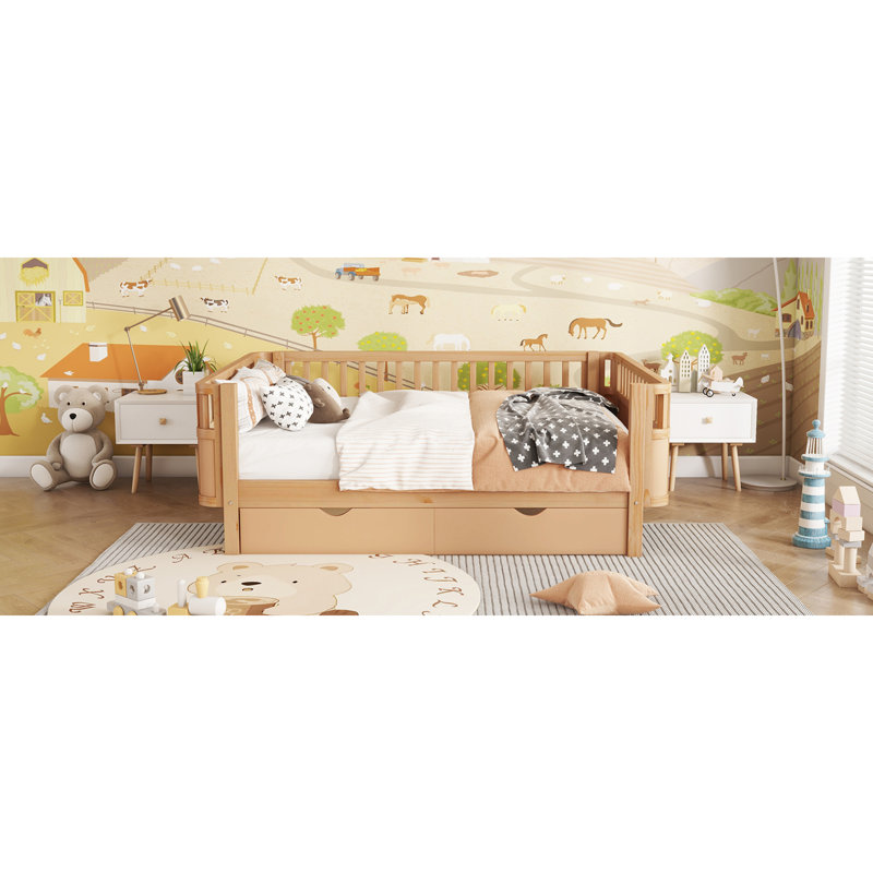 Lit plateforme double en bois pleine grandeur avec tiroirs de rangement, conception moderne de profil bas de sécurité pour chambre d'enfant ou lit de jour, finition naturelle