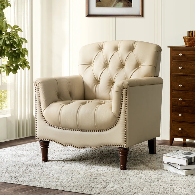 Fauteuil en cuir capitonné Annja, Cuir véritable beige caillou