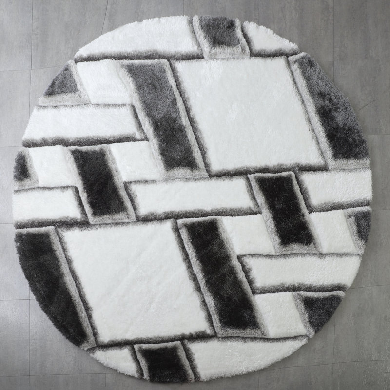 Corey-Leigh Abstract Shag White/Black Area Rug, Round 7'