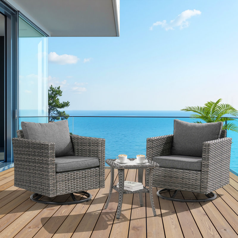Aldos All Weather Outdoor Patio Swivel Rocker Conversation Set With Thick Cushions and Table