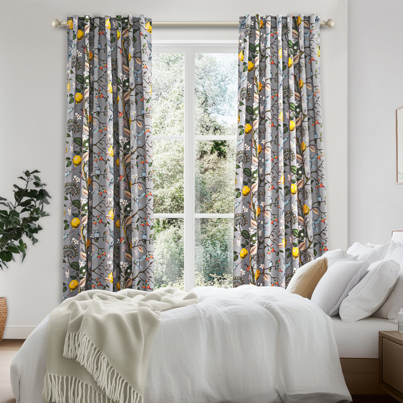 Fancy Hummingbird Patterned  Room Darkening Curtain,Rod Pocket Back Tab Floral Drapes,Set of 2, 52" W x 84" L, Gray
