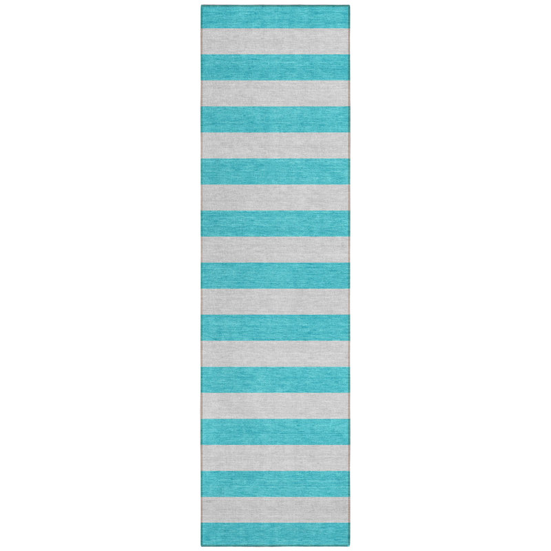 8' Runner Turquoise Striped Washable Non Skid Indoor Outdoor Runner Rug