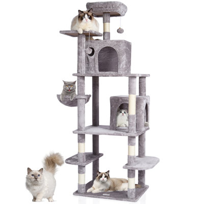 Cat Tree for Indoor Cats, 68.5" Cat Tower with 2 Cat Condos, Sisal Scratching Post, Hammock, Top Perch, Jumping Platforms, Large Cat Furniture Activity Center with Hang Ball, Light Grey