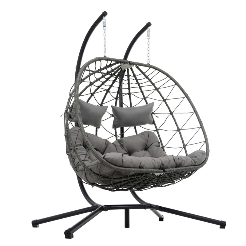 2 Persons Wicker Hanging Egg Chair With Stand For Indoor And Outdoor Relaxation,  For Patio, Bedroom, And Balcony, Gray