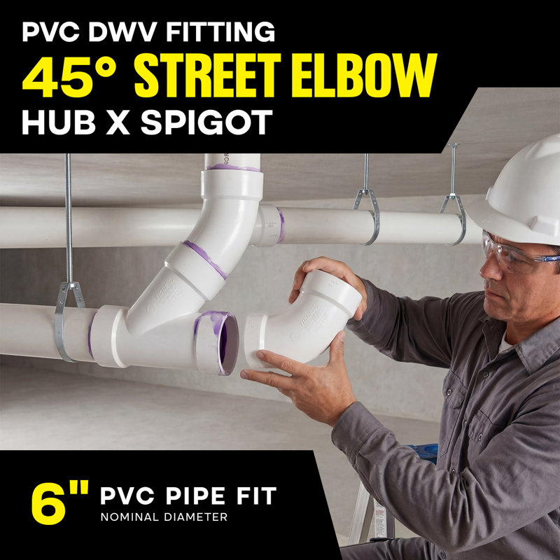 6 po. Coude 45 po en PVC blanc à 1/8 de coude, tuyau d'évacuation Hub x Spigot, raccord d'évacuation et d'évacuation, (paquet de 3)